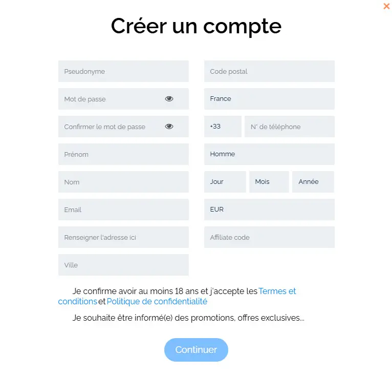 Processus d'inscription PARADISE8 CASINO